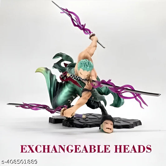 One Piece Roronoa Zoro Black Base Action Figure Set Height- 18cm Authentic Design, Highly Detailed-Exact Replica of Image (Dual Head Attachments)